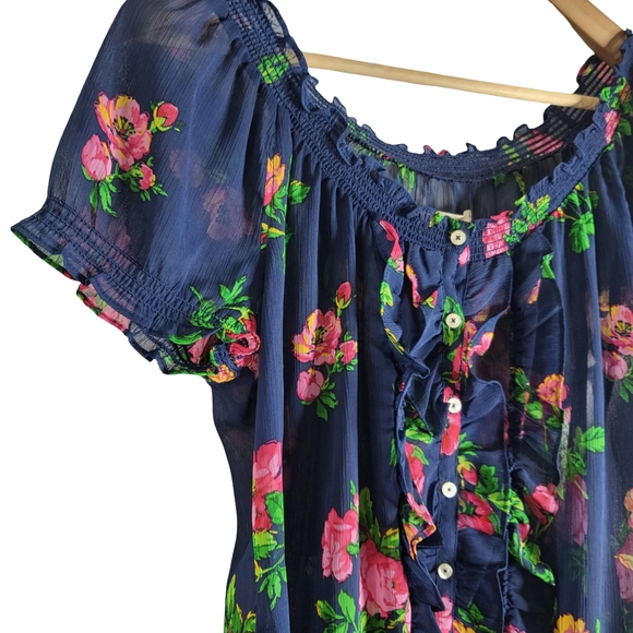 Floral Ruffle Navy Blouse - Picture 3 of 10